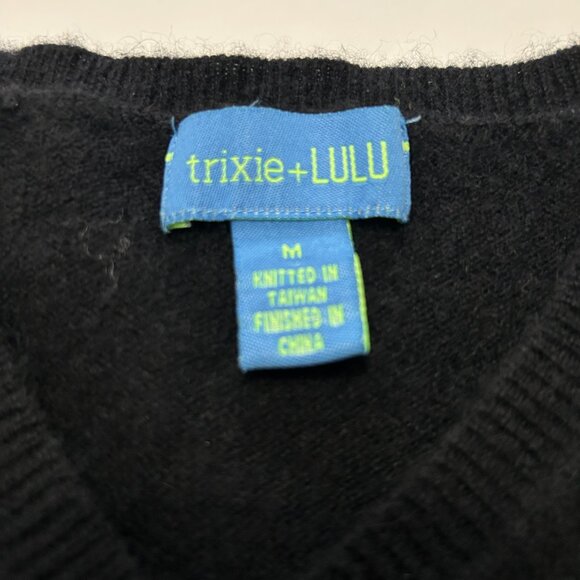 Vintage trixie + LULU 100% Cashmere sweater womens sz M Black v neck long sleeve - Picture 2 of 12